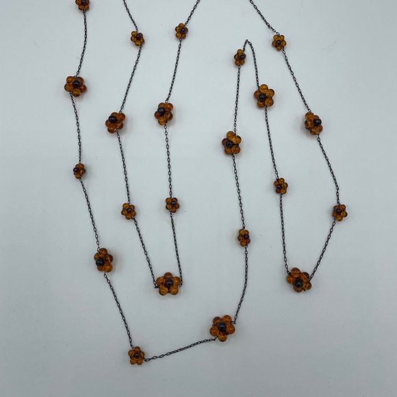 Artisan amber garnet flower bead chain necklace - Picture 2 of 5